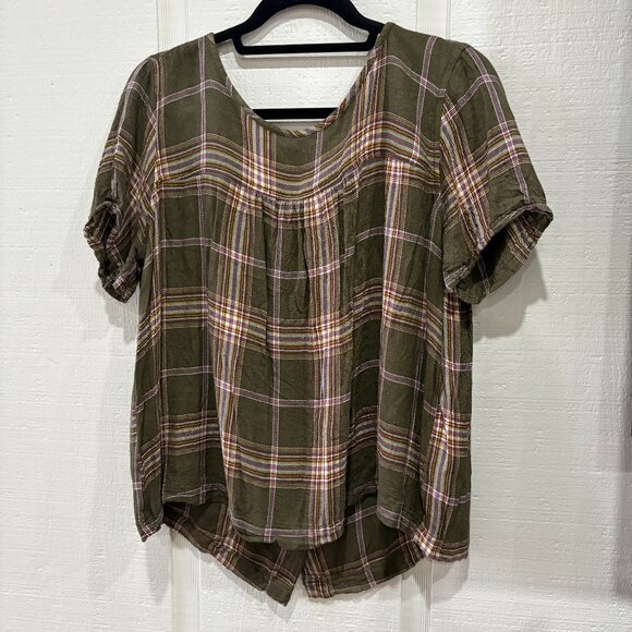 Caslon Plaid Short Sleeve Button-Back Top Women’s Large - Picture 2 of 4